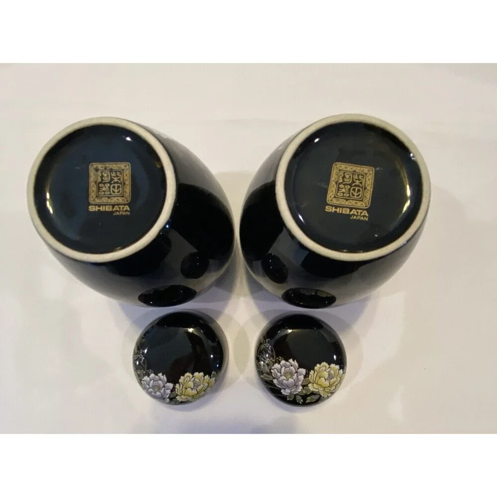 SHIBATA, 2 Hand Painted Peacock Black Ceramic Ginger Jars